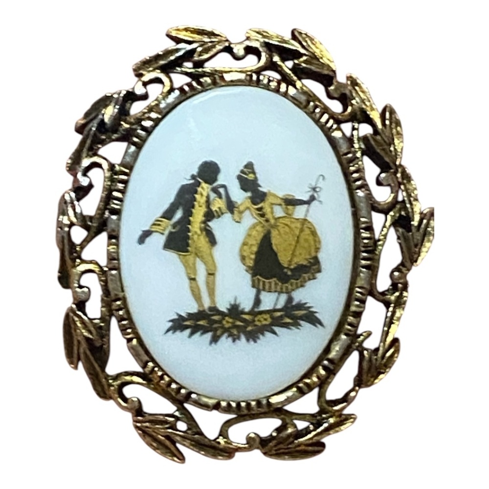 Vintage gold toned milk glass handpainted cameo brooch/pin